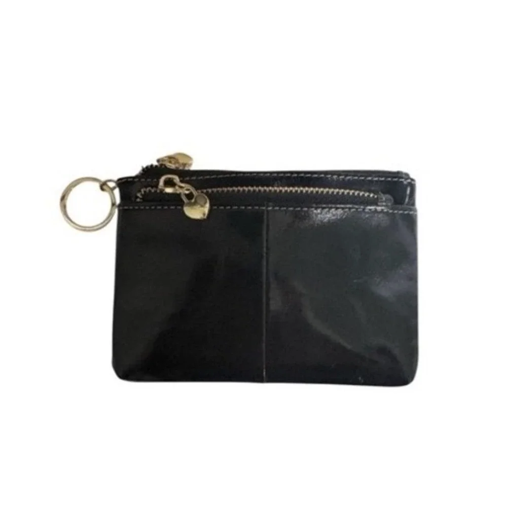 Black‎ Leather Coin Purse Heart Charm Key Ring Wallet Pouch Small